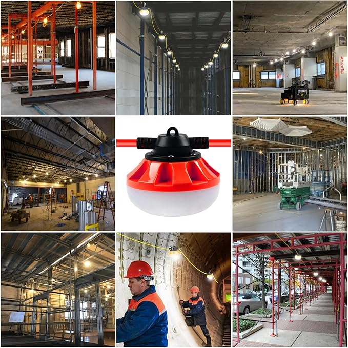50FT LED Construction String Lights, 5 Medium Base Sockets, Linkable Job Site Lighting, 5000LM, Red, 50FT, Outdoor, Indoor