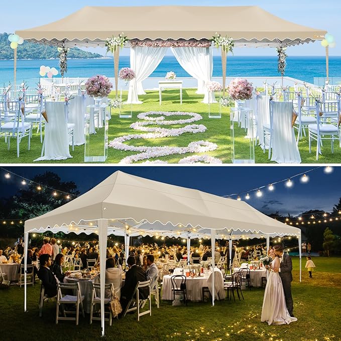 HOTEEL 10x30 Pop Up Canopy with 8 Sidewalls, UV 50+ and Waterproof Party Tent 10×30, Thickened Frame, Large Space Easy Pop Up Canopy, Outdoor Tent for Wedding, Beaches, Parties, Patio (Khaki)