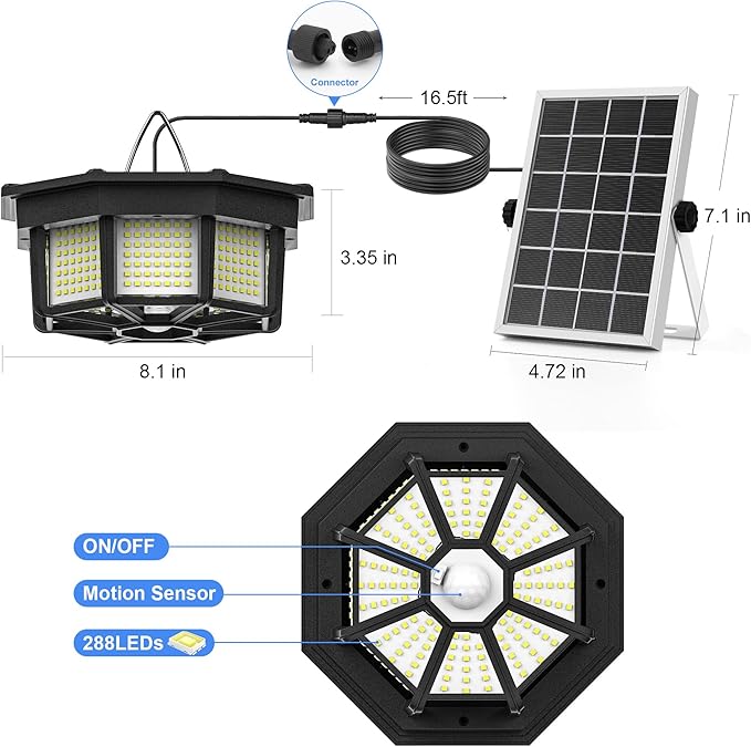 2 Pack Solar Shed Light Indoor Outdoor 1200LM Solar Powered Pendant Daywork Light 288LED 8-Faces Motion Sensor with 5 Lighting Modes & Remote Control for Gazebo Garage Patio Barn Shed House