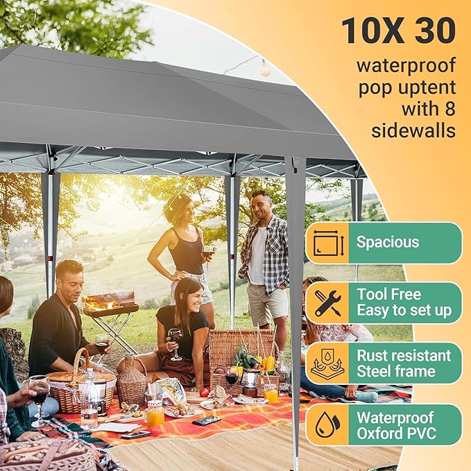 COBIZI 10x30 Pop Up Canopy with 8 Sidewalls Tents for Parties Waterproof Commercial Instant Canopy 10x30 Party Tent for Backyard, Wedding Portable Outdoor Gazebo with Carrybag&4 Sandbags, Gray