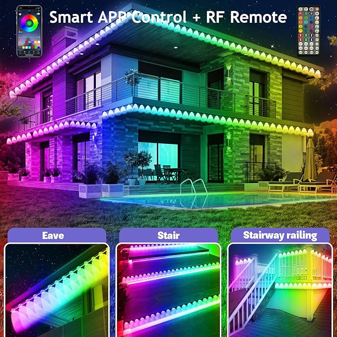 100FT Permanent Outdoor RGB Lights - IP67 Waterproof with Smart App Control Remote, DIY Scene Modes, Music Synchronization, Eaves Lights For Garden Decor, Deck, Christmas, Party, Party, Halloween,Roof