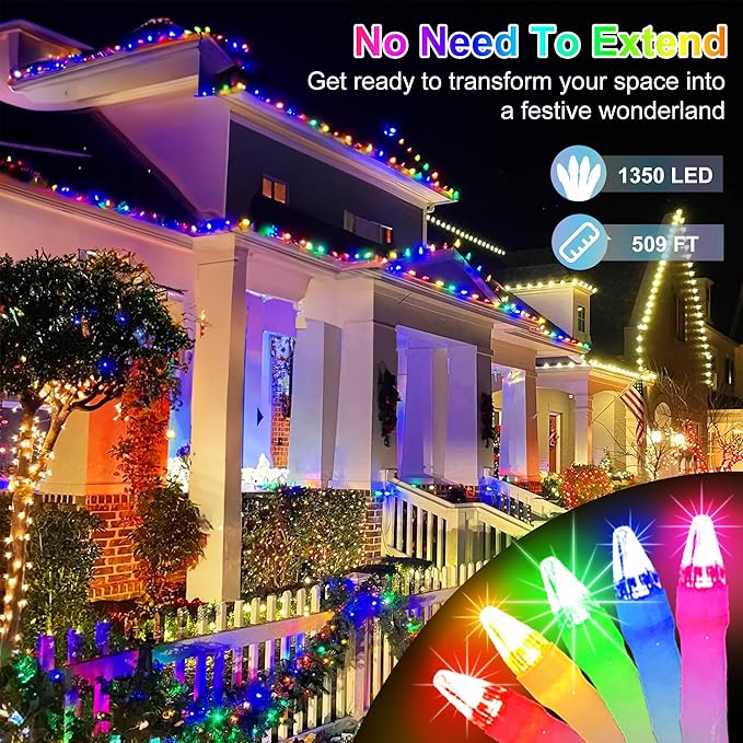 509FT Extra Long Christmas Lights, 1350 LED Christmas String Lights with 8 Modes & Timer Memory Function Waterproof Christmas Decorations for Xmas Yard Tree Party Home Garden Holiday Multicolor