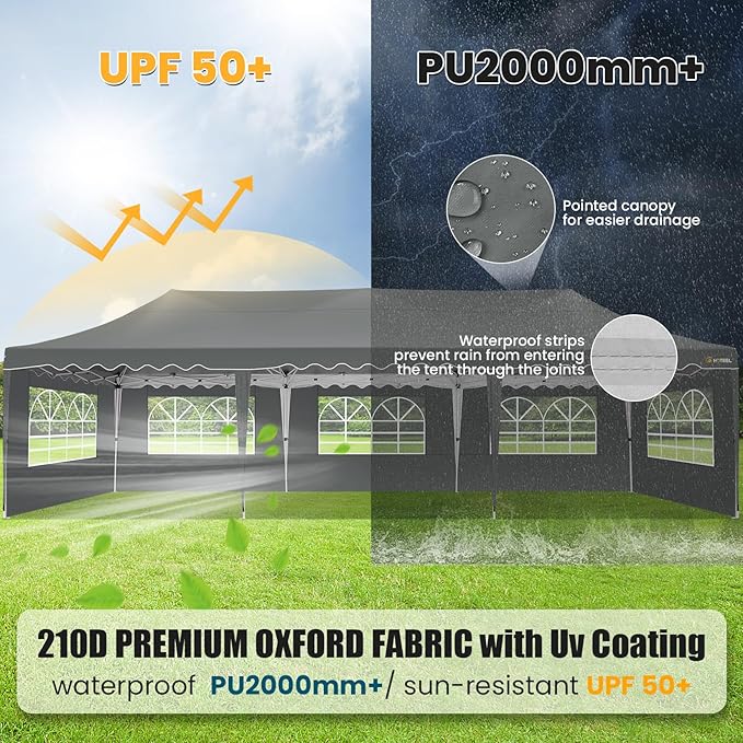 HOTEEL 10x30 Pop Up Canopy with 8 Sidewalls, UV 50+ and Waterproof Party Tent 10×30, Thickened Frame, Large Space Easy Pop Up Canopy, Outdoor Canopy for Weddings, Beaches, Parties, Patio (Grey)