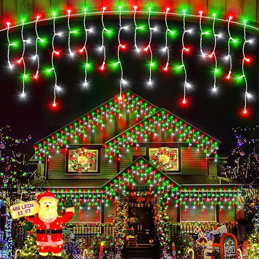Christmas Lights Outdoor, 53 FT 486 LED Christmas Lights for Outside, Timer & Memory, Plug in 8 Modes Hanging Fairy Light with 108 Drops for House Eaves Yard Patio Decorations, Red Green and White