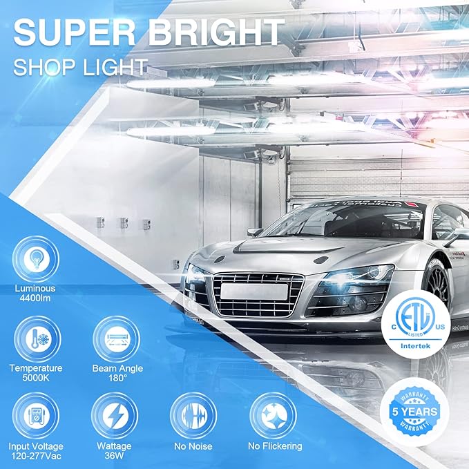 Ensenior 10 Pack Linkable Led Shop Light 4ft for Garage, 4400 High Lumens, 36W Equivalent 280W, 5000K Daylight, 48 Inch Utility shop led lights, Surface or Hanging Mount Fixtures, White, ETL Certified
