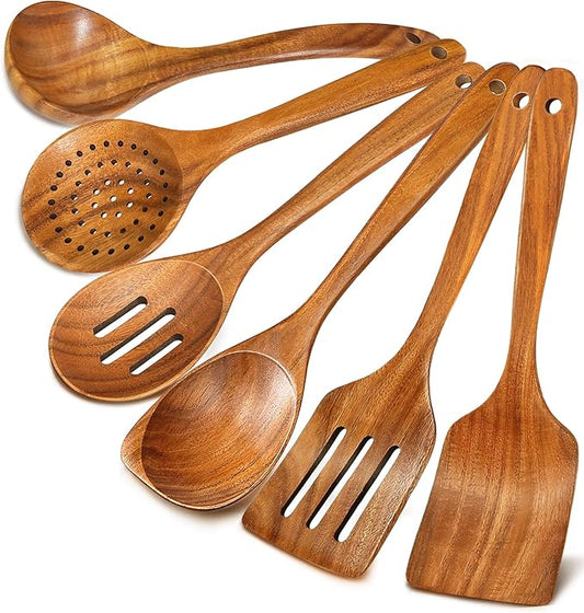 Wooden Spoons for Cooking, Natural Premium 6 Piece Teak Wooden Cooking Utensils Set, Large Heat Resistant Wooden Spoons and Wooden Spatulas for Nonstick Cookware Cooking Gifts
