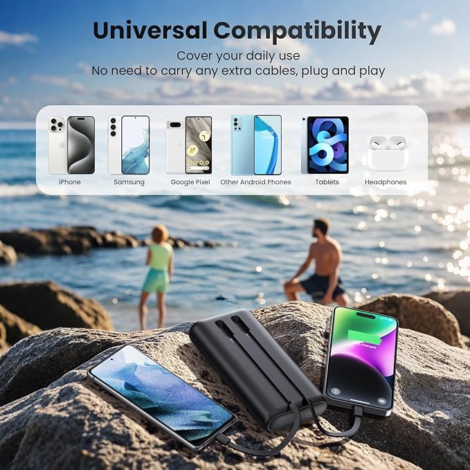 Upgraded Portable Charger 40800mAh Power Bank - Portable Battery with 2 Built in Cables,PD 25W USB C Fast Charging Battery Pack Compatible with iPhone 16 15 14 13 Android Phone etc-Black