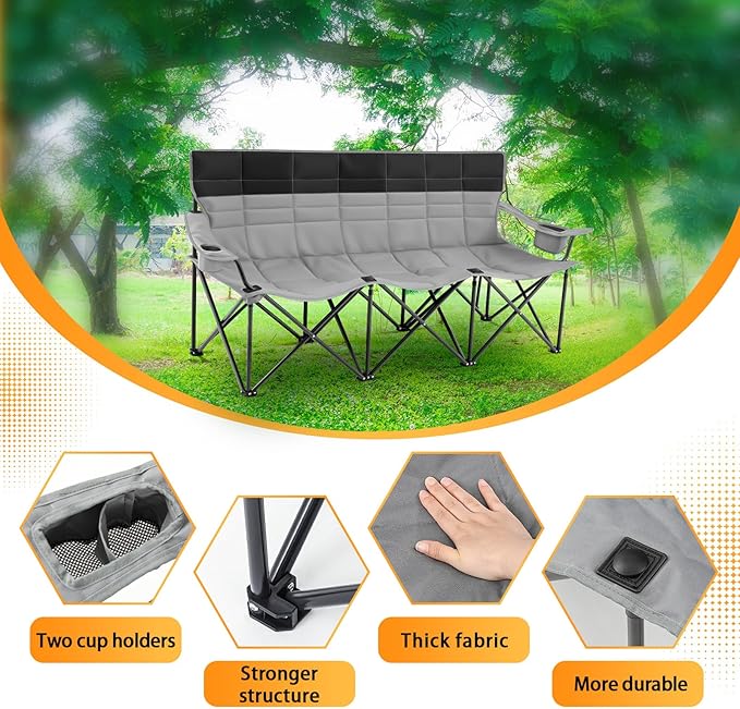 Oversized Double Camping Couch Chair Outdoor Fully Padded Folding Sofa, 3 Person Capacity Camping Chair, Extra Large Sturdy Bench for Campsites, Soccer Games, Backyard Party, Fall Outdoor Activities