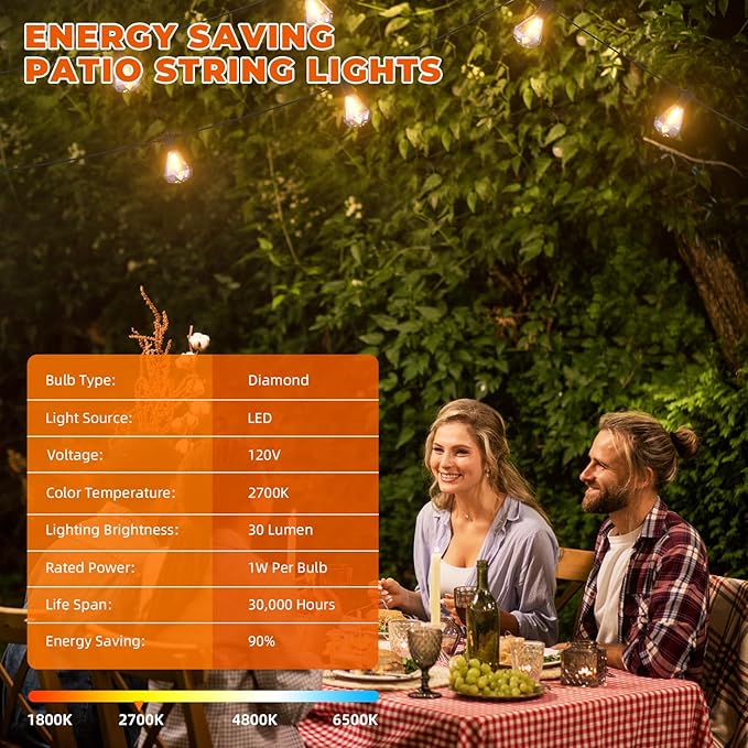 Kawaya Outdoor String Lights 48 FT LED Patio Lights with 24 Shatterproof Unique Diamond Edison Bulbs Warm White 2700K Dimmable IP65 Waterproof Outside Hanging Lights for Yard Porch Balcony Bistro Cafe