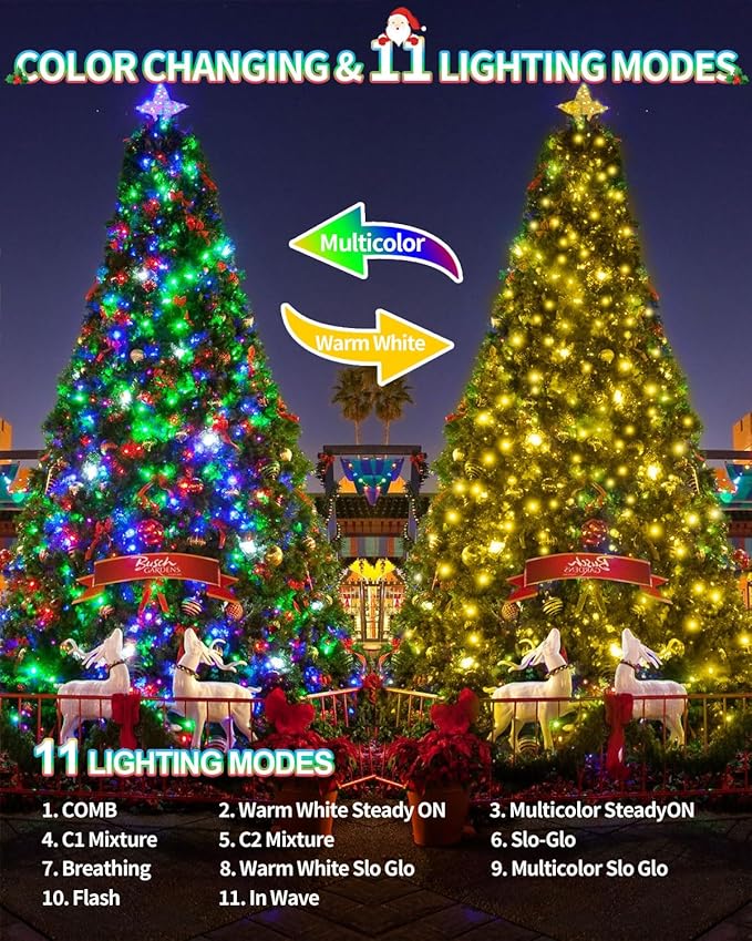 LED Christmas Lights, Extra Long Outdoor String Lights Waterproof, Timer & Memory, 8 Modes Dimmable Plug in Fairy for Outside Tree Wedding Patry (White to Multicolor, 355FT 900LED)