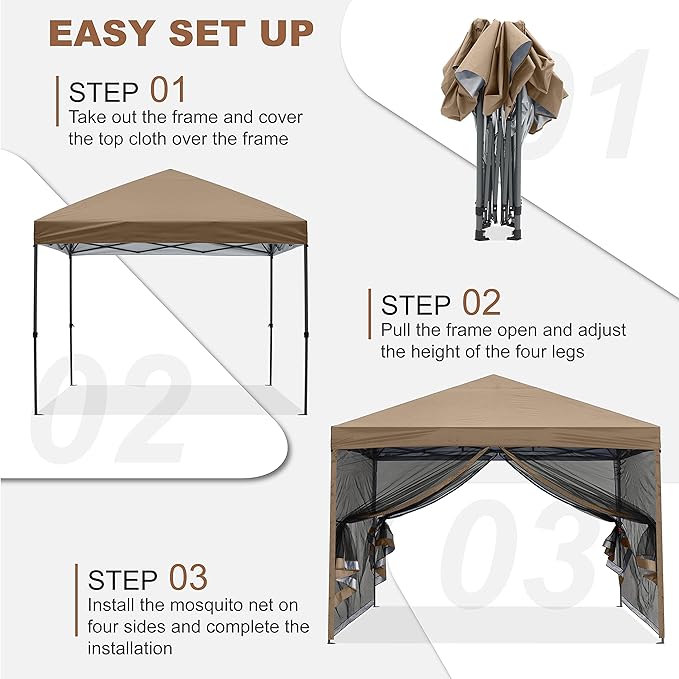 MASTERCANOPY Pop-Up Setup Outdoor Canopy with Netting Screen Walls(8x8, Khaki)