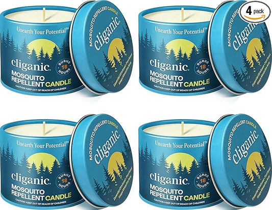 Cliganic Natural Mosquito Repellent Candle (Pack of 4) | Citronella, DEET Free, Essential Oil Infused for Outdoor, Camping | Burns 18 Hours