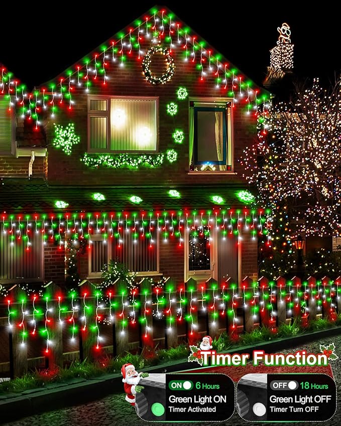 Christmas Lights Outdoor, 53 FT 486 LED Christmas Lights for Outside, Timer & Memory, Plug in 8 Modes Hanging Fairy Light with 108 Drops for House Eaves Yard Patio Decorations, Red Green and White