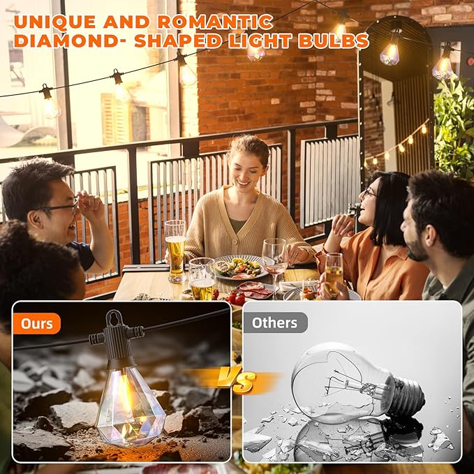 Kawaya Outdoor String Lights 48 FT LED Patio Lights with 24 Shatterproof Unique Diamond Edison Bulbs Warm White 2700K Dimmable IP65 Waterproof Outside Hanging Lights for Yard Porch Balcony Bistro Cafe