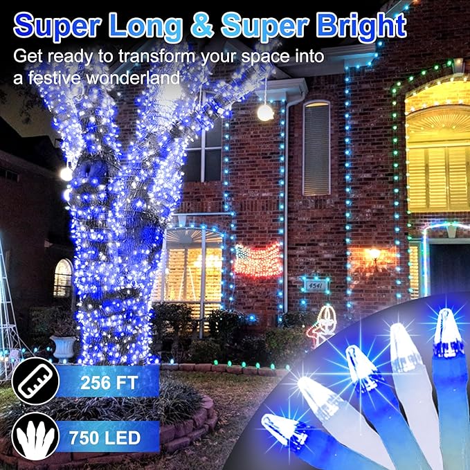 750 LED 256FT Christmas String Lights Outdoor, Christmas Light with 8 Lighting Modes& Timer & Memory, Plug in Outdoor Waterproof Clear Wire Twinkle Light for for Xmas Yard Tree Party Decor Blue&White