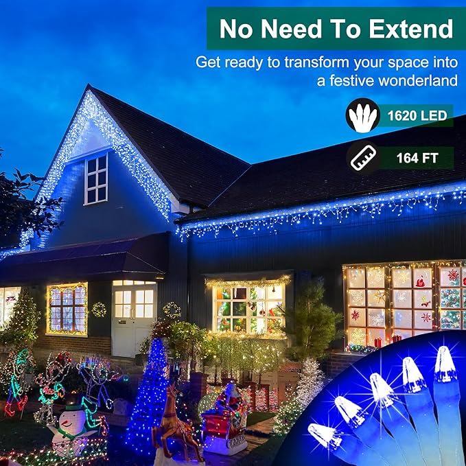 1620 LED Christmas Lights with 360 Drops,164ft 8 Modes Fairy Hanging String Lights with Time Waterproof, Plug-in Hanging String Lights for Holiday Wedding Party Christmas Decor (Blue)