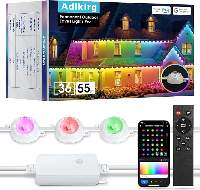 Smart Permanent Outdoor Lights Pro, 55ft with 36 RGB+IC Led Permanent Outdoor Lights for House, 51 Scenes, IP68 Waterproof, App/Remote Control for Christmas House Roof Lighting