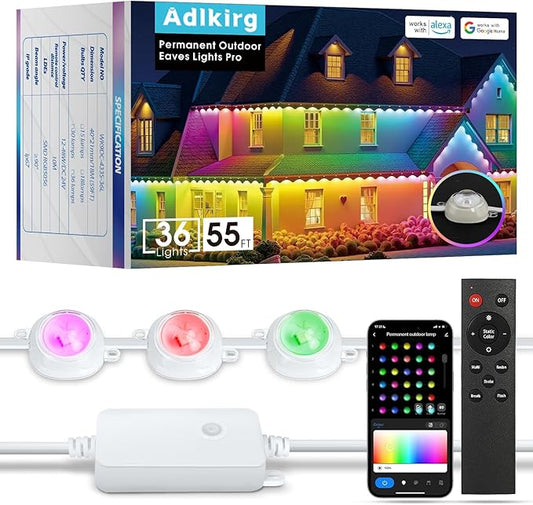 Smart Permanent Outdoor Lights Pro, 55ft with 36 RGB+IC Led Permanent Outdoor Lights for House, 51 Scenes, IP68 Waterproof, App/Remote Control for Christmas House Roof Lighting