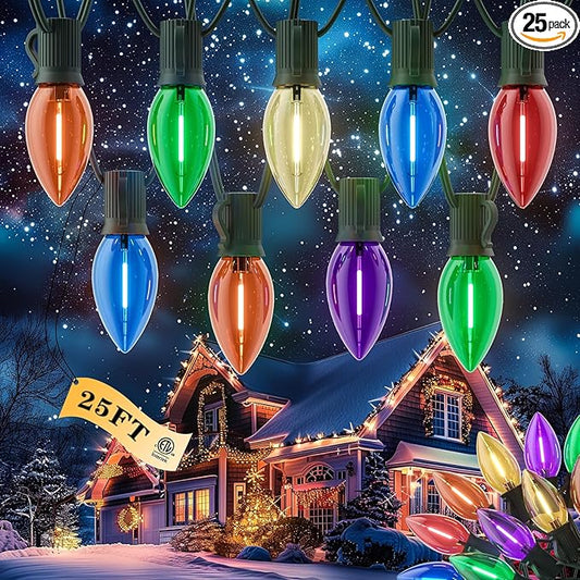 Kawaya Outdoor Christmas C9 LED Clear Tree Lights, 25ft 25 Bulbs Multi Colored Decoration, IP65 Commercial Waterproof Xmas String for Outside Roof House Walkway