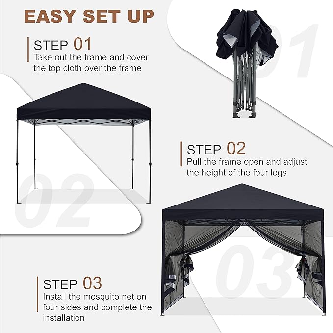 MASTERCANOPY Pop-Up Setup Outdoor Canopy with Netting Screen Walls (10x10, Black)