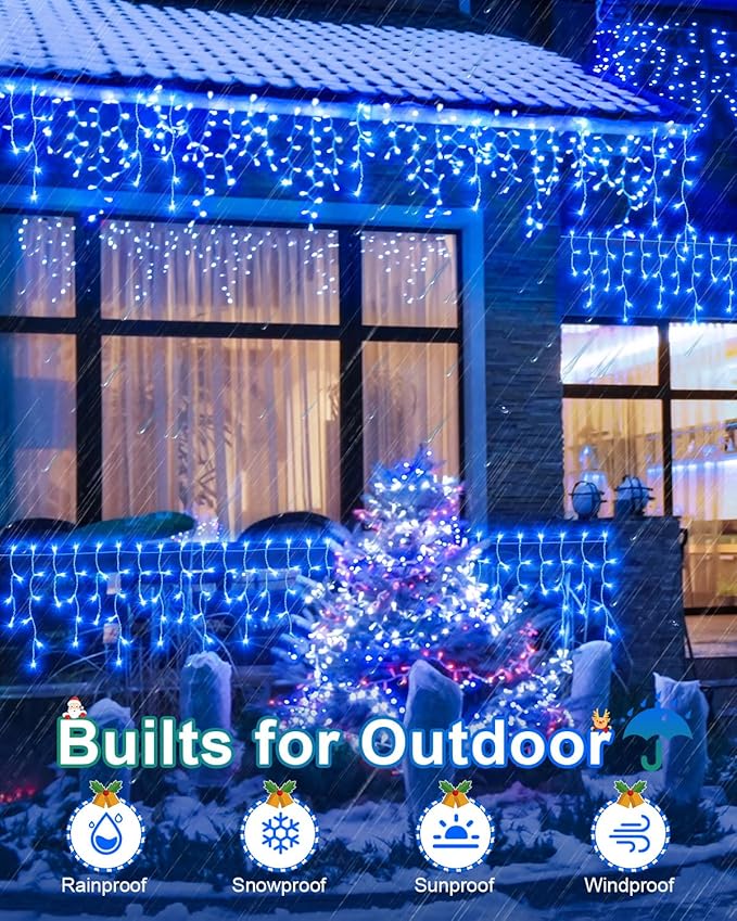 159 FT Christmas Lights Outdoor, 1458 LED Waterproof Outside Plug-in, Timer & Memory, 8 Modes Fairy Lights With 324 Drops for House Eaves Yard Patio Wedding Decorations, Blue