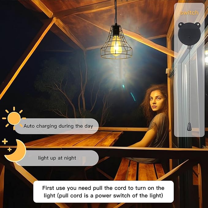Solar Pendant Lights, Solar Powered Shed Light with Pull Cord and Remote for Outdoor Indoor, Solar Chandelier, Gazebo Lights with Adjustable Solar Panel for Yard Patio Balcony Barn Garage