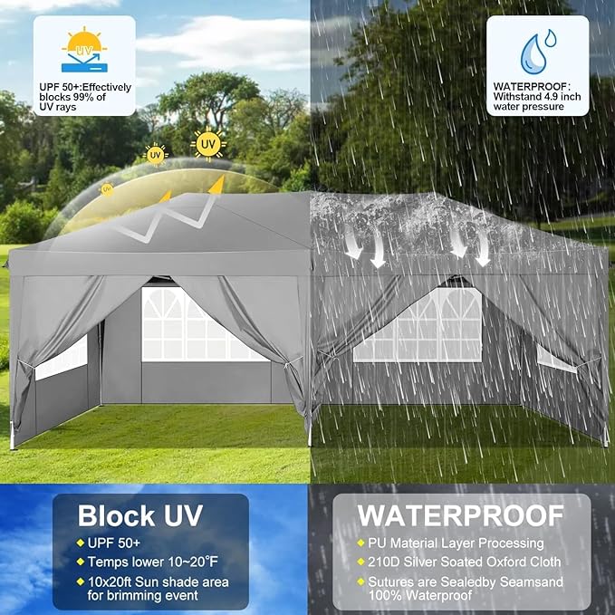COBIZI 10x20 Pop Up Canopy Tent with 6 Sidewalls Easy Pop Up Tent 10x20 Waterproof Commercial Instant Shelter UPF 50+ Portable Gazebo Wedding Tents for Parties Carport Vender Events, Gray