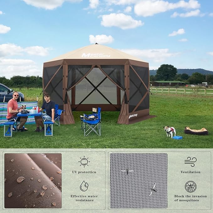 MASTERCANOPY 12x12FT Pop Up Gazebo Screen Tent - Instant Screen House with Netting, Quick Set, Outdoor Canopy Shelter with Carry Bag for Camping, Backyard & Patio (Beige&Coffee)