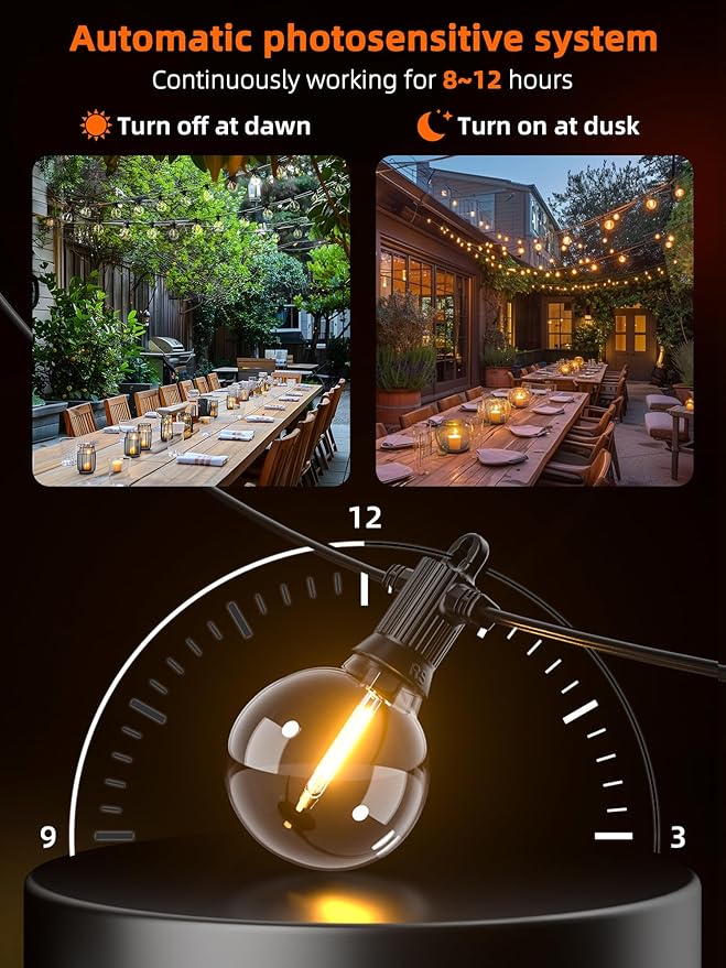 Kawaya Solar Powered String Lights for Outside, Outdoor IP65 Waterproof LED Patio Light with USB-Charging, Shatterproof Edison Hanging Lights for Bistro Yard Cafe Porch Camping (Solar-Powered 50FT)