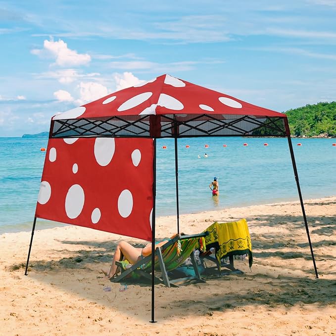 EAGLE PEAK 8x8 Pop Up Canopy Tent with Sidewall, Compact, Portable Slant Leg Instant Sun Shelter for Beach, Sports, & Camping, 8x8 Base 6x6 Top, Red Mushroom
