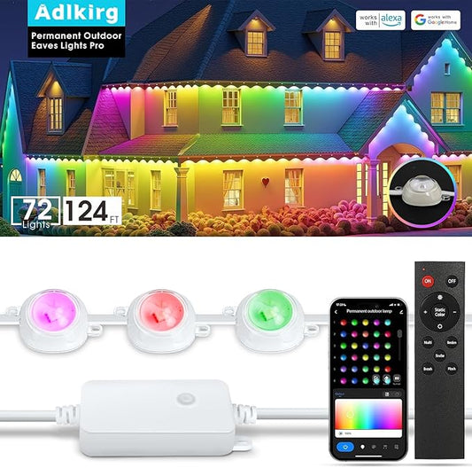 Permanent Outdoor Lights, Smart RGBIC Outdoor Lights with Multi Scene Modes, 124ft with 72 LED Lights, IP67 Waterproof, Alexa/Google Compatible, All-Weather Defense & 10-Second Quick Installation