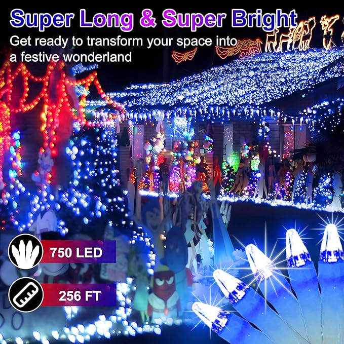 750 LED 256FT Christmas String Lights Outdoor, Christmas Light with 8 Lighting Modes& Timer & Memory, Plug in Outdoor Waterproof Clear Wire Twinkle Light for for Xmas Yard Tree Party Decor Blue