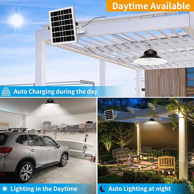 Solar Shed Lights Indoor Outdoor Aqonsie Dual Solar Pendant Daytime Work Lights with 3 Colors Temperature & 5 Lighting Modes+2 Timers, 1200LM Solar Motion Indoor Lights with Remote for Gazebo Barn