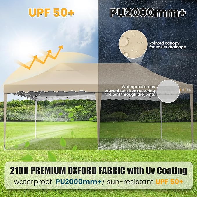 HOTEEL 10×20 Pop Up Canopy, Canopy Tent UV 50+ and Waterproof, Thickened Frame, Large Space Easy Pop Up Canopy, Outdoor Canopy for Weddings, Beaches, Parties, Patio (Khaki)