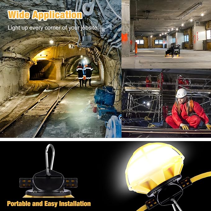 100FT Construction String Lights with Cage, IP65 Waterproof LED String Work Lights, 5000K Daylight 18AWG Wire Linkable Temporary Construction Lighting for Jobsite with 10 Bulbs & Hooks