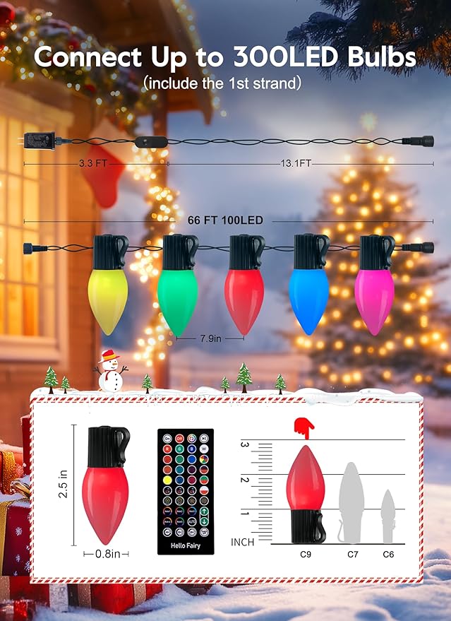 Brightown C9 LED Christmas Lights Outdoor, 100 LED RGB Smart Christmas Tree Lights with Music Sync APP Controlled, Waterproof Connectable C9 String Lights for Indoor House Party Patio Garden Decor