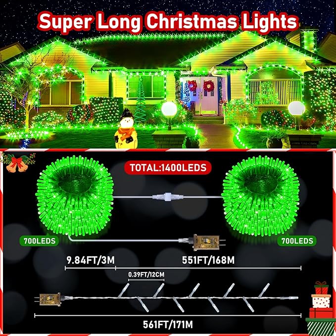 XURISEN Upgraded 561FT 1400 LED Christmas Lights Outdoor, Super Long String Lights 8 Modes & Memory Timer Plug in Fairy Lights for Home Xmas Tree Party Wedding Decor -Green