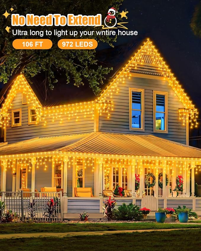 106 FT Christmas Lights Outdoor, 972 LED Waterproof Outside Christmas Lights Plug in, Connectable 8 Modes Hanging Fairy Lights with 216 Drops for House Eaves Yard Patio Wedding Decoration, Warm White