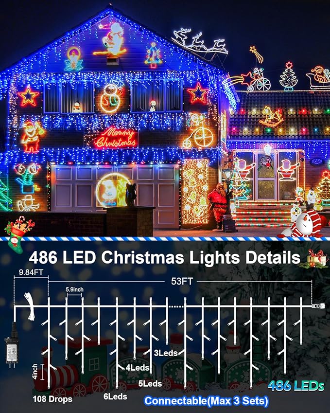 Christmas Lights Outdoor, 53 FT 486 LED Christmas Lights for Outside, Timer & Memory, Plug in 8 Modes Hanging Fairy Lights with 108 Drops for House Eaves Yard Patio Holidays Decorations, Blue