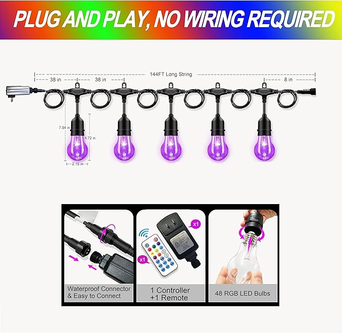 144FT Outdoor String Lights with 32 RGB Color Changing E26 Bulbs - Dimmable Shatterproof Edison Patio Lights for Backyard, Garden, Porch Controllers
