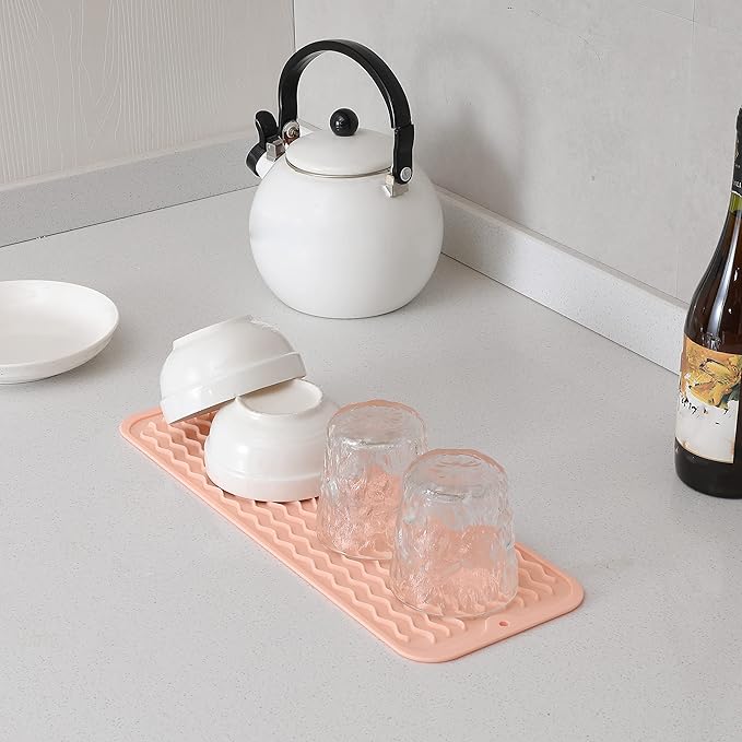 Silicone Dish Drying Mat for Multiple Usage,Easy clean,Eco-friendly,Heat-resistant Silicone Mat for Kitchen Counter,Sink,Bar,Bottle,or Cup Pink M 17 inches x 6 inches