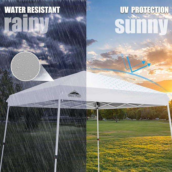 EAGLE PEAK 10x10 Slant Leg Outside Pop Up Canopy, Instant Outdoor Canopy Tent, 8x8 Top 10x10 Base Sun Shelter with Wheeled Carry Bag, Ropes and Stakes, White