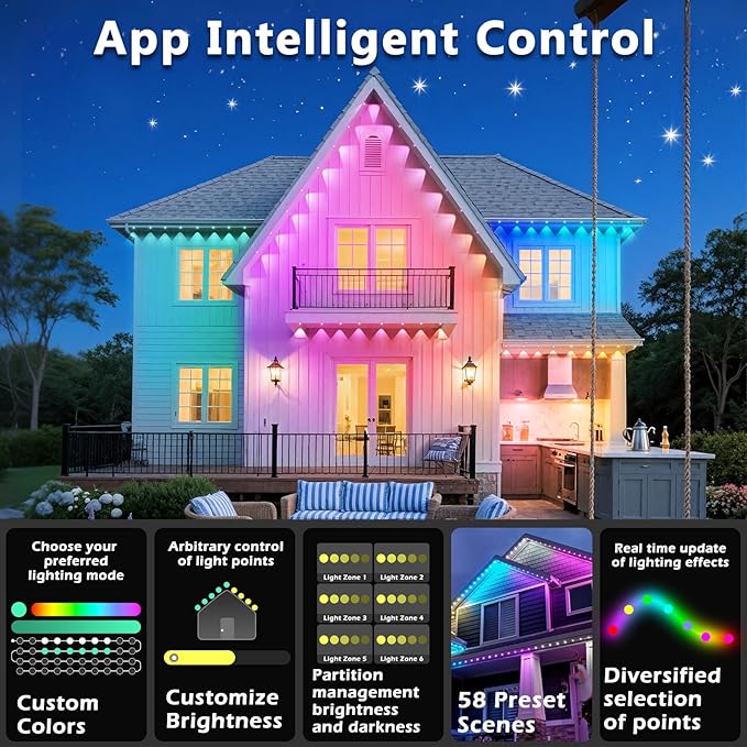 300FT Permanent Outdoor RGB Lights, IP67 Waterproof Smart Eave Lighting, with App/Remote Control Eaves Light, DIY LED Scenes Modes for House Roof Decor,Christmas,Party,All Holiday and Daily