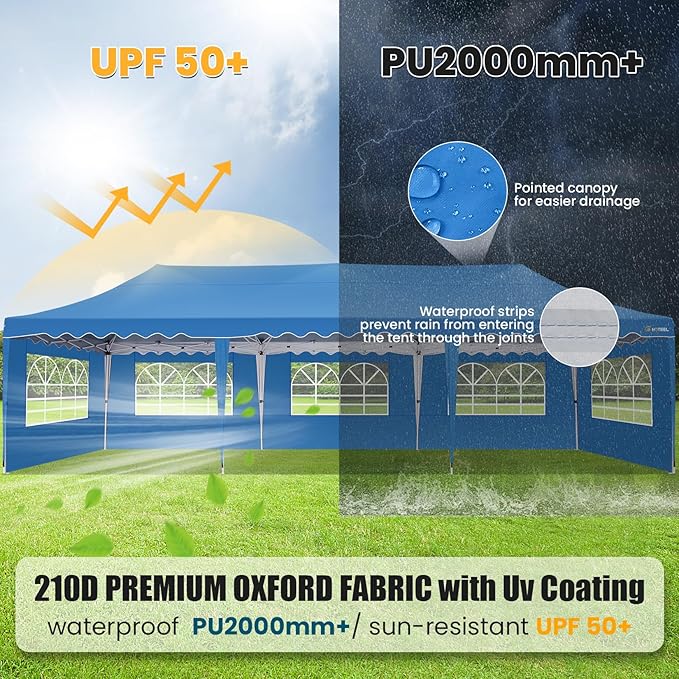 HOTEEL 10x30 Pop Up Canopy with 8 Sidewalls, UV 50+ and Waterproof Party Tent 10×30, Thickened Frame, Large Space Easy Pop Up Canopy, Outdoor Canopy for Weddings, Beaches, Parties, Patio (Blue)