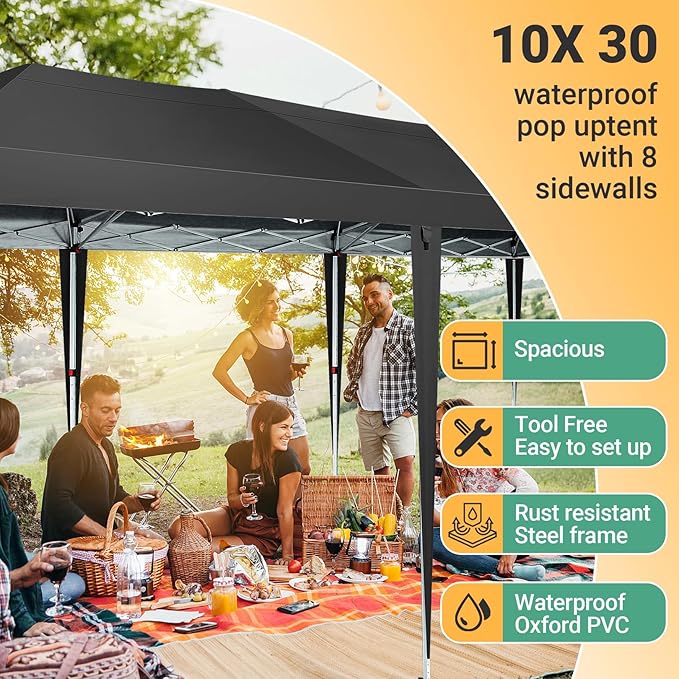 COBIZI 10x30 Pop Up Canopy Tent for Parties with 8 Sidewalls Waterproof Commercial Instant Canopy 10x30 Party Tent for Backyard, Wedding Portable Outdoor Gazebo with Carrybag&4 Sandbags(Black