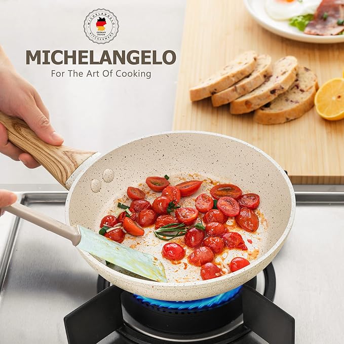 MICHELANGELO Small Frying Pan with Lid, 8 Inch Frying Pan Nonstick with Non-Toxic Coating, Granite Egg Pan with Anti-Scald Handle, Small Pan, White