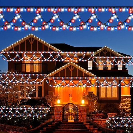 KAZOKU 4th of July Outdoor String Lights 40FT 380LED Waterpoof Red White Blue Semicircle String Lights 8 Lighting Modes Mermory Timer Function Decorations for Independence Day Yard Garden Home Decor