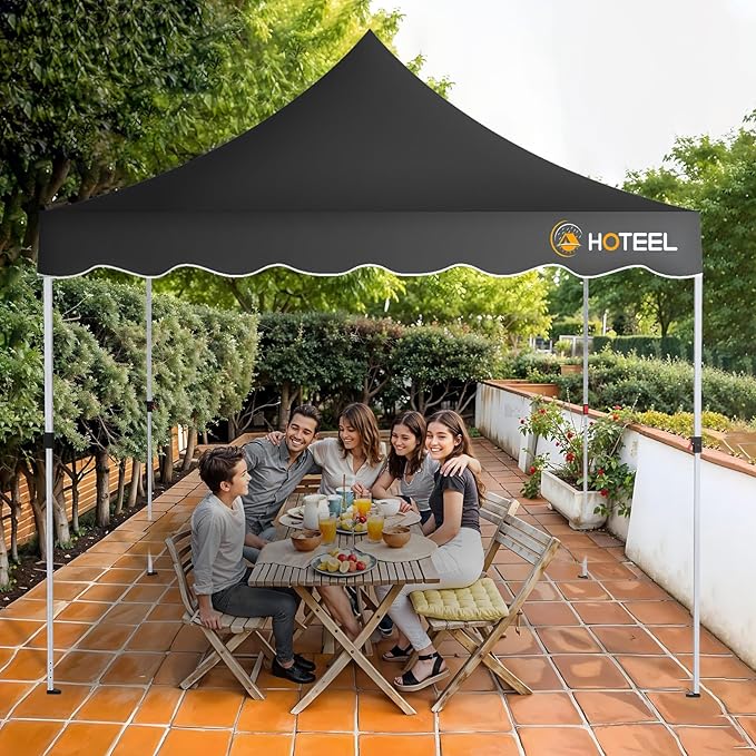 HOTEEL 10×10 Pop Up Canopy, Outdoor Canopy with 1-Person Setup, Height-Adjustable, for Weddings, Camping, Parties, Bonus 4 Wind Ropes + 8 Ground Spikes + 4 Sandbags (Black)