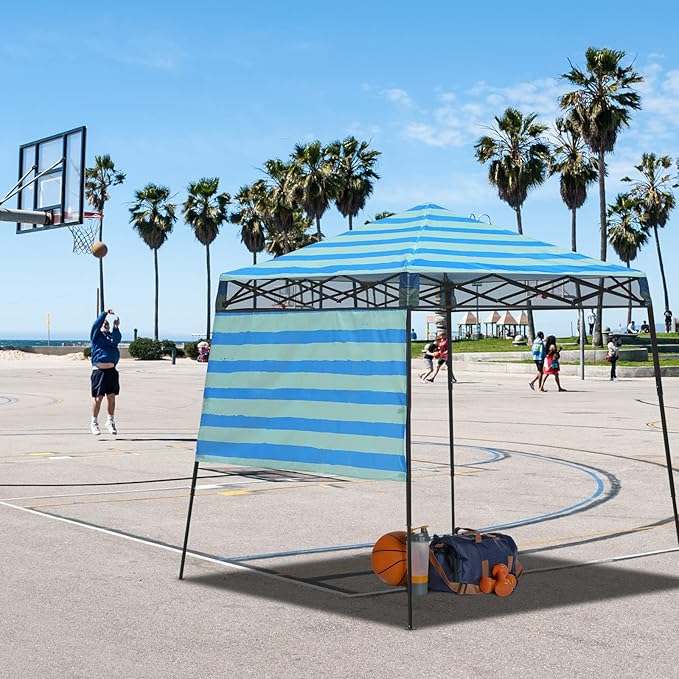 EAGLE PEAK 8x8 Pop Up Canopy Tent with Sidewall, Compact, Portable Slant Leg Instant Sun Shelter for Beach, Sports, & Camping, 8x8 Base 6x6 Top, Green Blue Stripe