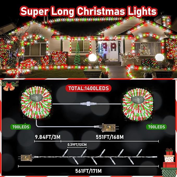 XURISEN Upgraded 561FT 1400 LED Christmas Lights Outdoor, Super Long String Lights 8 Modes & Memory Timer Plug in Fairy Lights for Home Xmas Tree Party Wedding Decor -Red and Green and White
